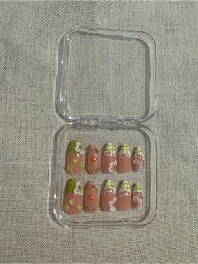 Press on Nail Set - Pink and Green Floral Press-On Nails size small